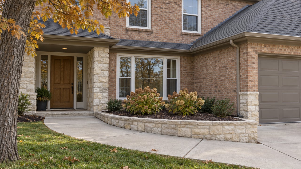 Brick home with a limestone entry, oak front door, curved concrete walk and autumn oak branches.