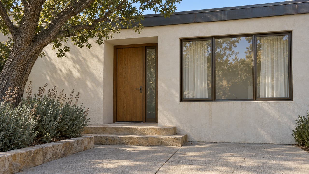 Sunlit ivory stucco home with an oak entrance, bronze-framed window, sandstone steps and a mature coast live oak beside the entry court.