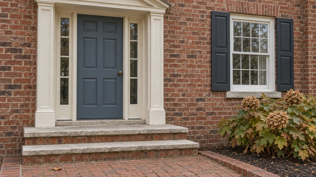 Slate-blue front door with ivory trim, aged red brick, limestone-capped steps and an oakleaf hydrangea beside a traditional home.