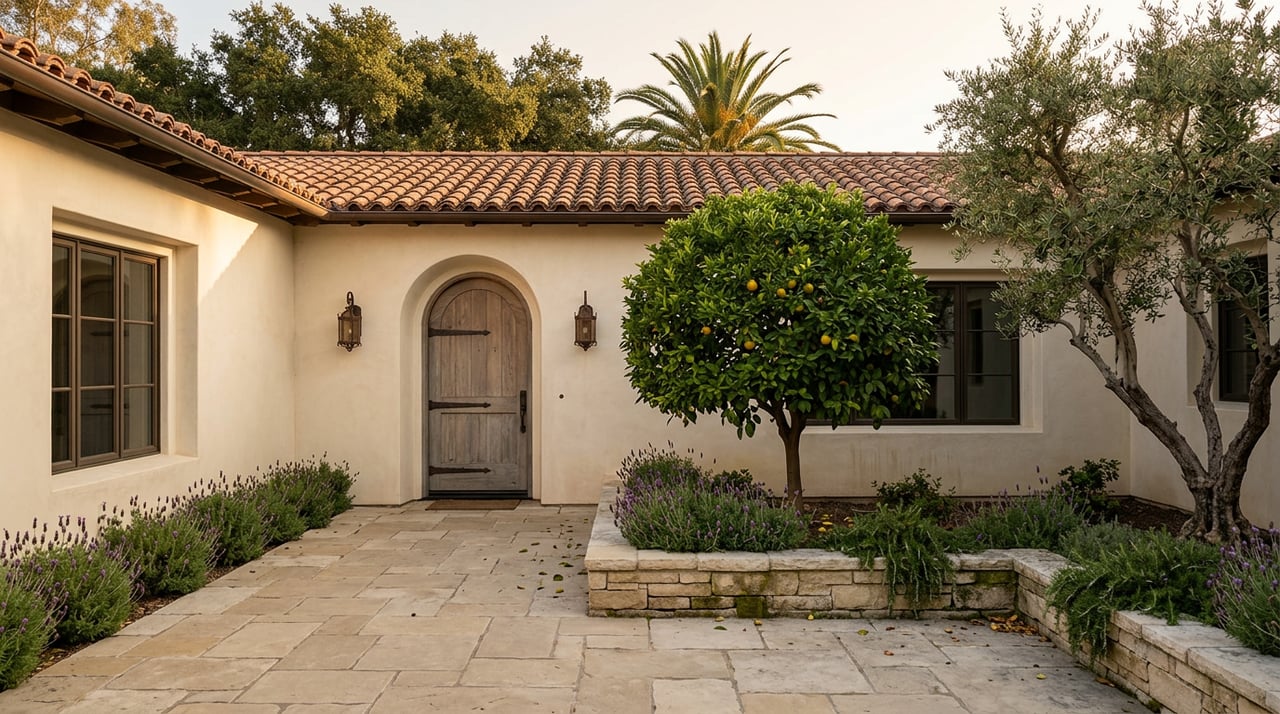 Mediterranean stucco entry courtyard with an arched oak door, orange tree, travertine paving, and terracotta roof.