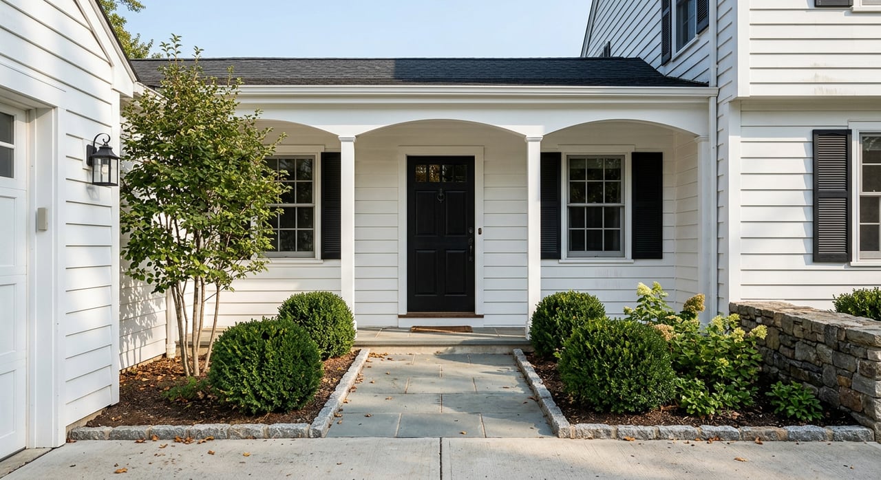 Colonial home exterior with arched entryway – The Ken Banks Team