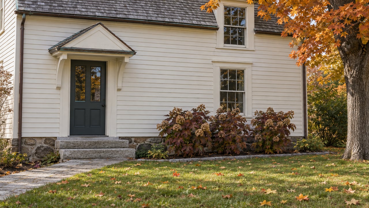 Ivory clapboard saltbox home with granite entry steps, an autumn sugar maple and burgundy oakleaf hydrangeas beside a front lawn.