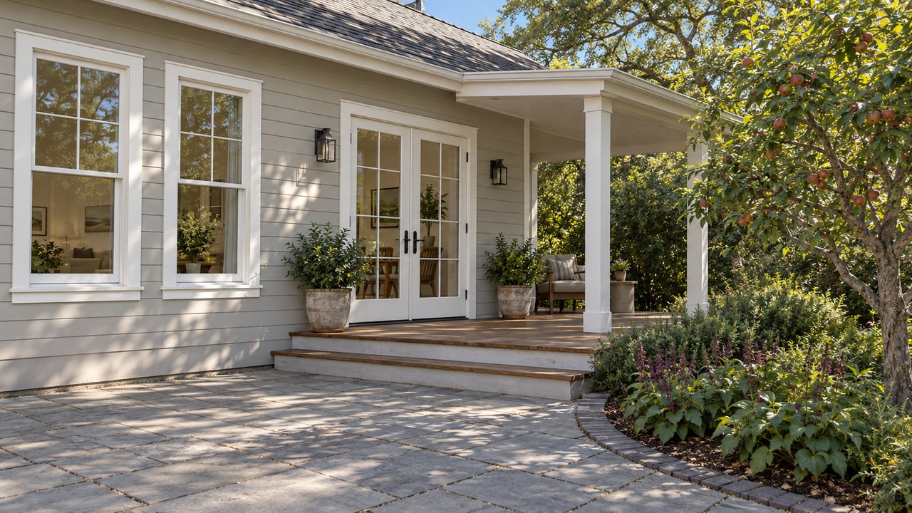 Painted wood cottage with white French doors, a weathered wood porch and a paved garden terrace beside a mature apple tree.