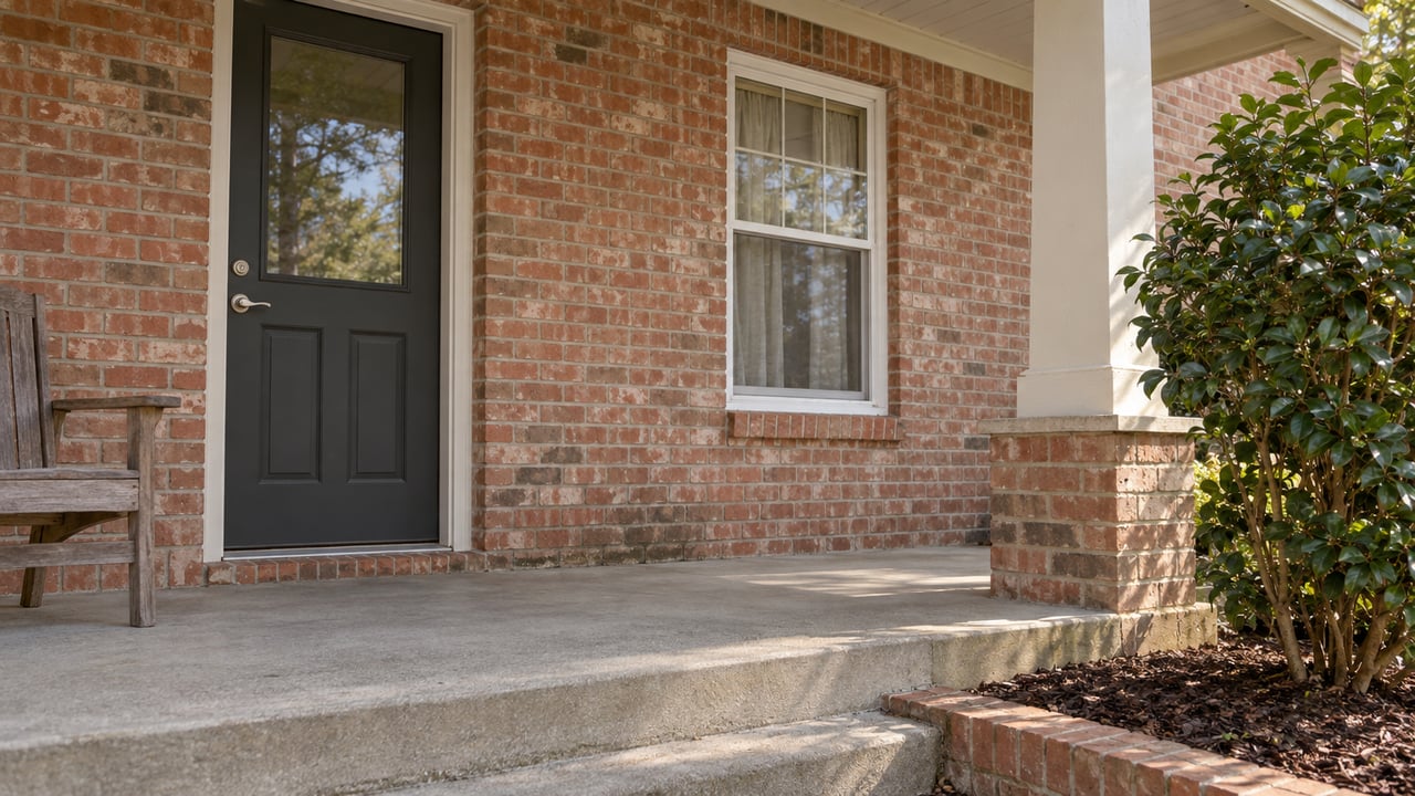 Brick home entry with a charcoal glazed door, cream porch trim, concrete steps and a camellia beside the landing.