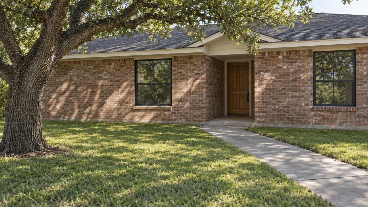 Brick ranch house with an oak tree shading its deep front lawn and diagonal concrete walk.