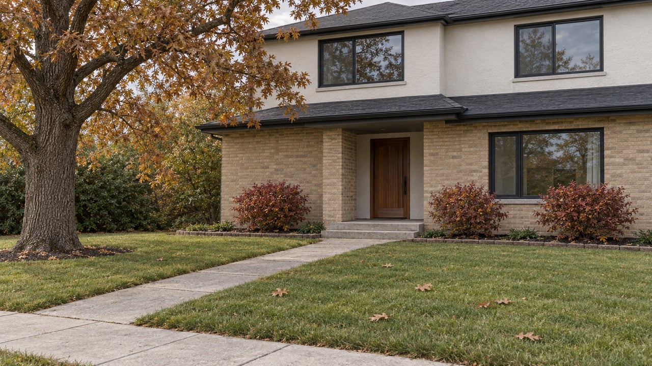 Updated two-story home with buff brick, white stucco, black-framed windows, and a deep autumn lawn beneath a tawny oak.