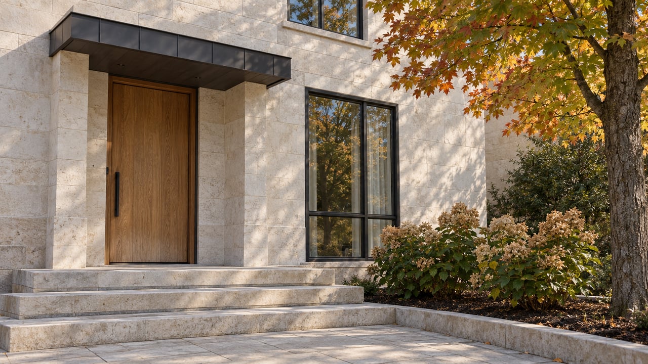 Detached limestone house entrance with oak door, black-framed windows, broad steps, and tan hydrangeas beneath a maple.