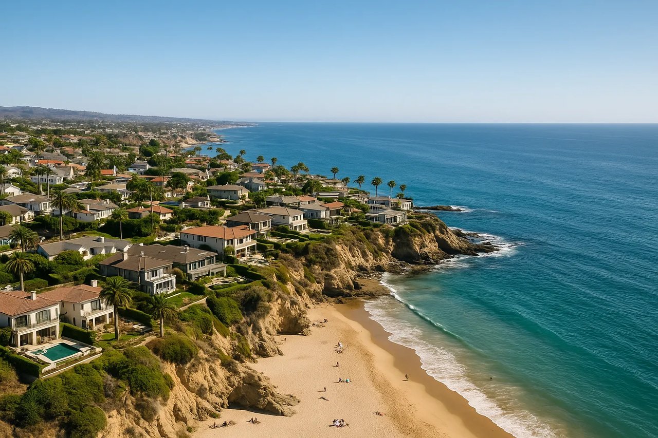 An aerial view of Corona del Mar, California, shows a peninsula of homes jutting into the Pacific Ocean. The homes have red-tiled roofs and are surrounded by lush landscaping. The coastline features sandy beaches and rocky coves, with waves crashing on the shore. The sky is a soft mix of orange, pink, and purple, suggesting it's either sunrise or sunset.