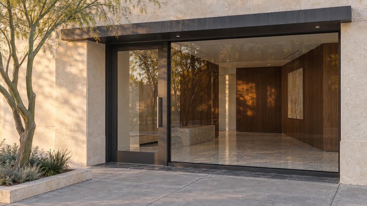 Recessed glass storefront framed by limestone and stucco, with a palo verde tree in a sidewalk planting pocket.