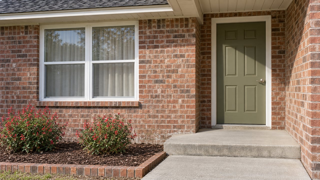 Close view of a brick home's covered entry, white-framed window, concrete step and red-flowering sage planting.
