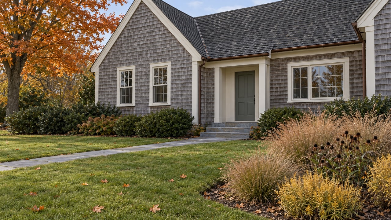 Weathered shingle residence beyond a deep lawn, with tawny perennial seed heads and an orange-leaved maple in soft autumn daylight.