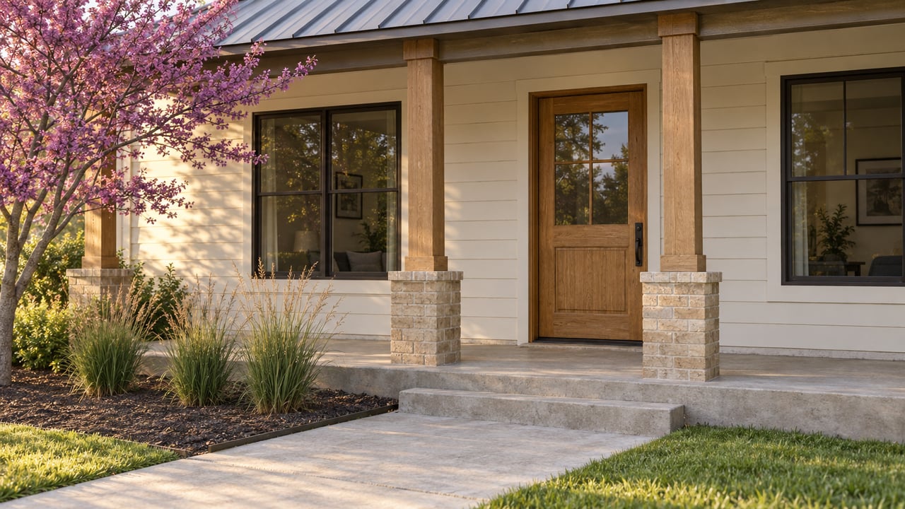Off-white house entry with an oak door, flanking windows, brick-based porch posts, and a sunlit planting bed.