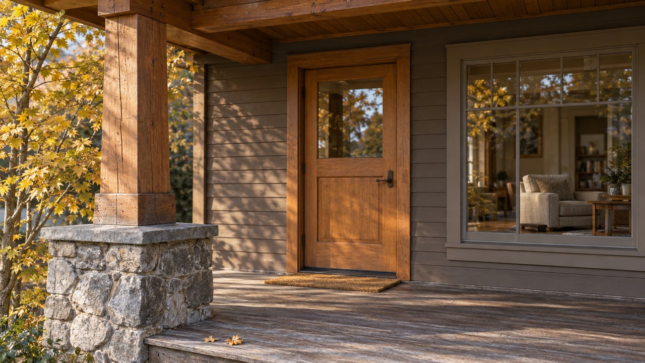 Sunlit fir doorway and divided-light window beside a timber porch post on a gray stone plinth, with worn wooden decking and yellow maple leaves.