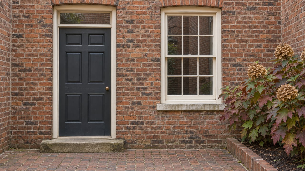 Historic brick home's rear courtyard with a charcoal door, cream multi-pane window, worn sandstone step, and autumn oakleaf hydrangea.