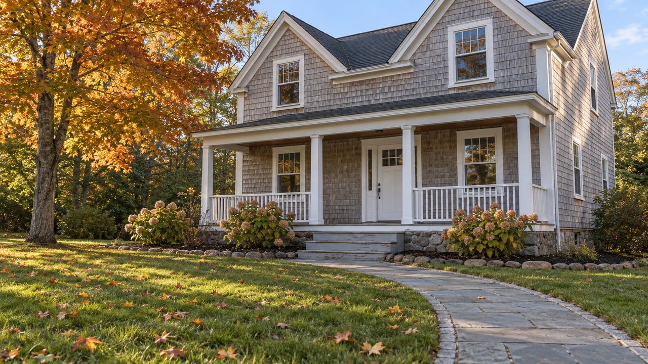 Cedar-shingle home with white porch trim, a bluestone walk, and an amber-leaved maple across a deep front lawn.