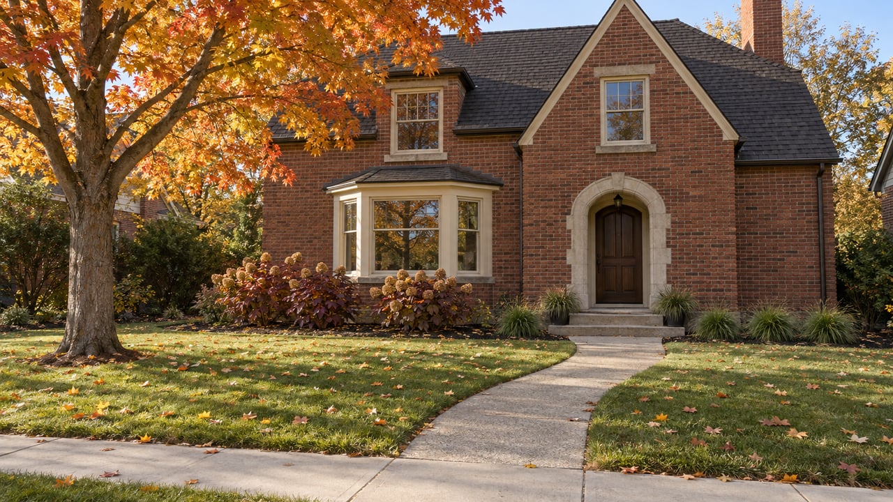 Autumn light on a brick home with a limestone arched entry, deep lawn and amber sugar maple.