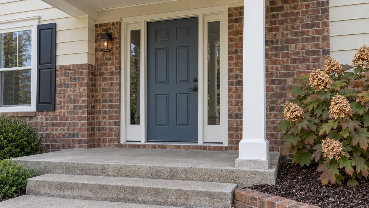 Covered blue-gray front door with sidelights, red-brown brick, cream siding, concrete porch steps, and an oakleaf hydrangea.