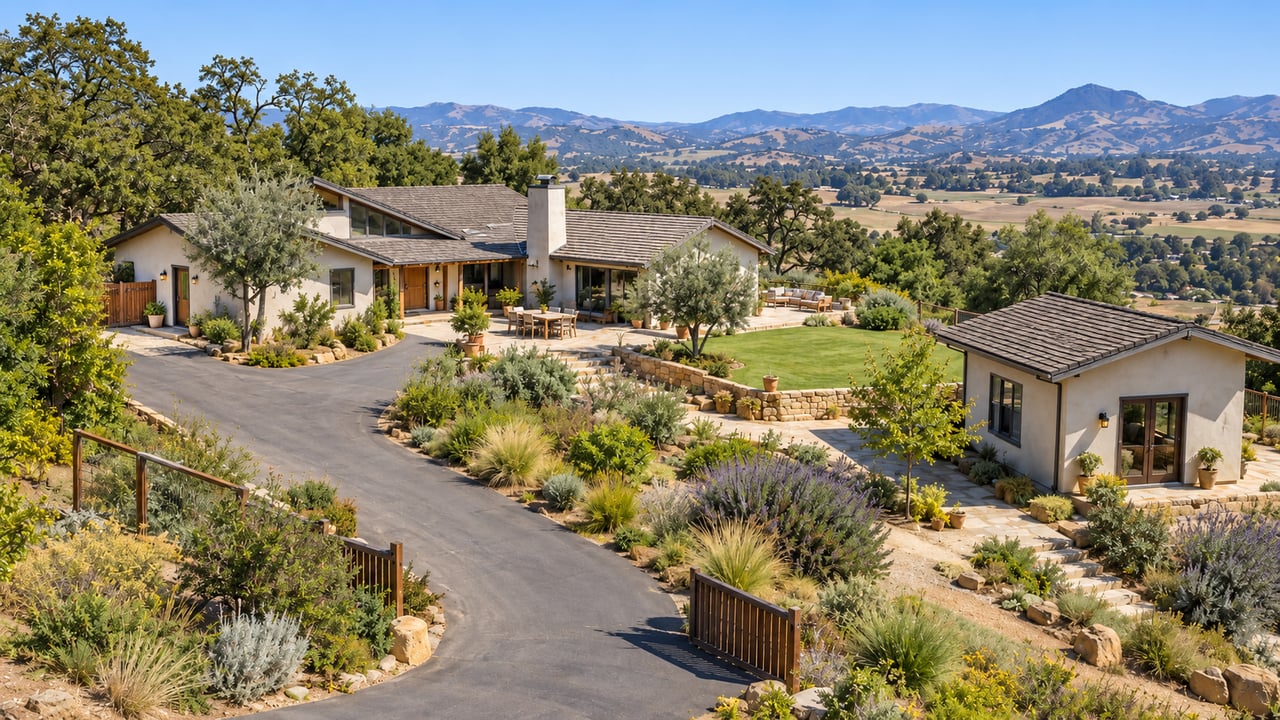 An elevated San Luis Obispo County property view clearly shows how the main residence, secondary structure, access, and outdoor areas relate to one another.