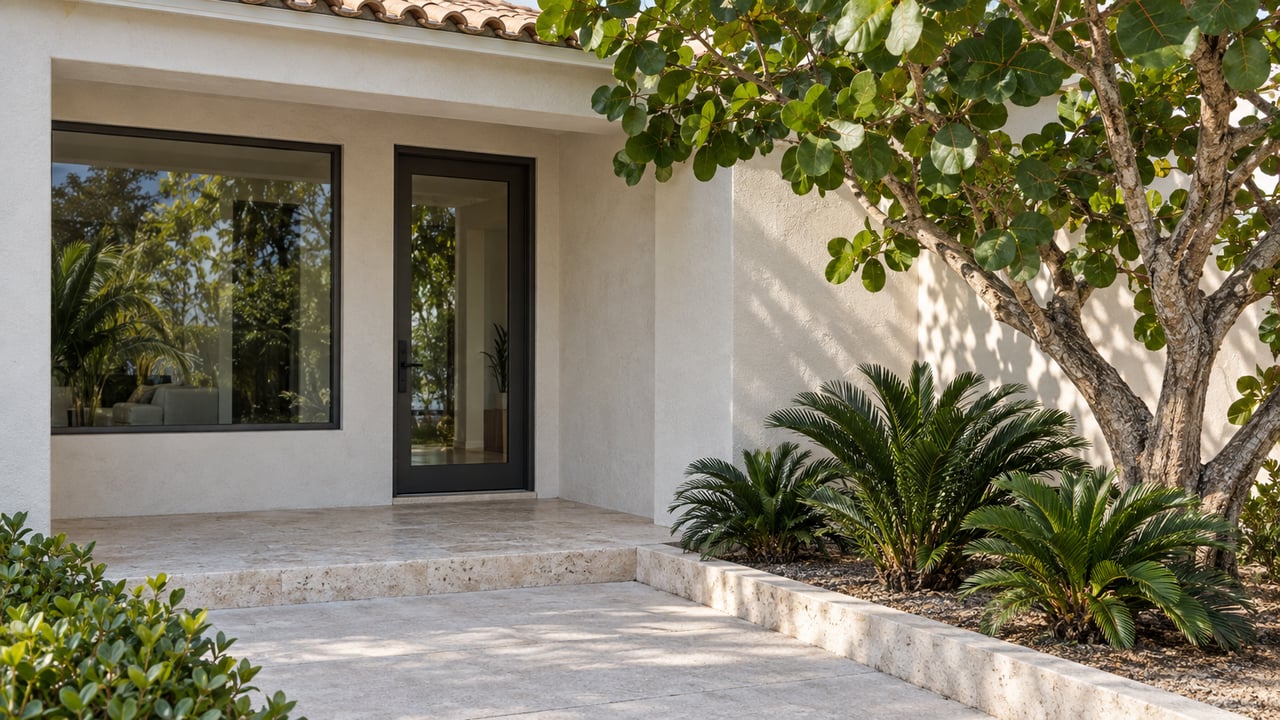 Pale stucco home entry with charcoal-framed glazing, a limestone porch step, and sculptural sea-grape planting in afternoon sunlight.