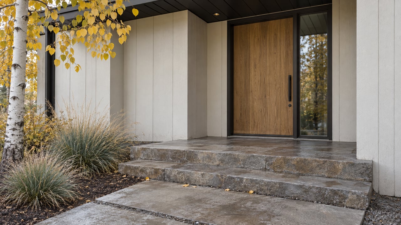 Oak front door and glass sidelight beneath a dark roof, with stone steps, aspen leaves, and grasses.