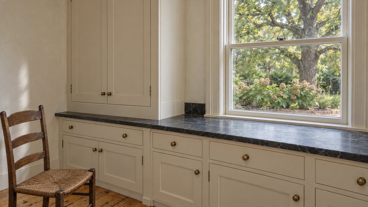 Soft daylight falls across soapstone counters, ivory cabinets and worn pine floors in a restored home's kitchen, with a mature oak visible through the sash window.