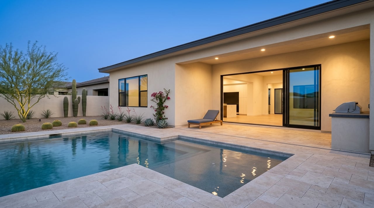 Modern desert backyard at twilight.