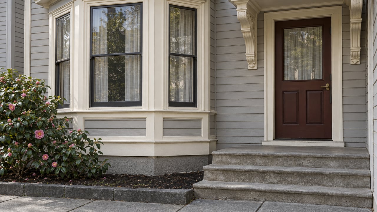 Pale gray timber house with cream bay-window trim, a reddish-brown front door, worn concrete steps and a camellia beside the entry.