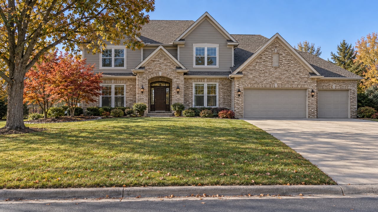 A gabled brick-and-lap-sided home beyond a deep autumn lawn, with a broad concrete driveway and mature oak.