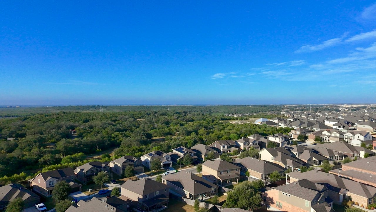 Aerial view of homes in Grand Central Park, Conroe, TX
