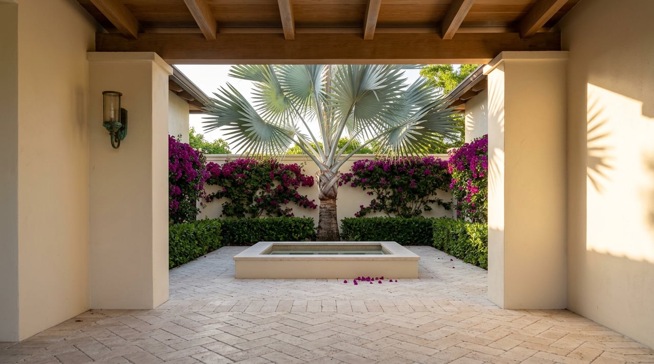 Enclosed courtyard framed by stucco columns, with a limestone planter, reflecting basin, and magenta bougainvillea.