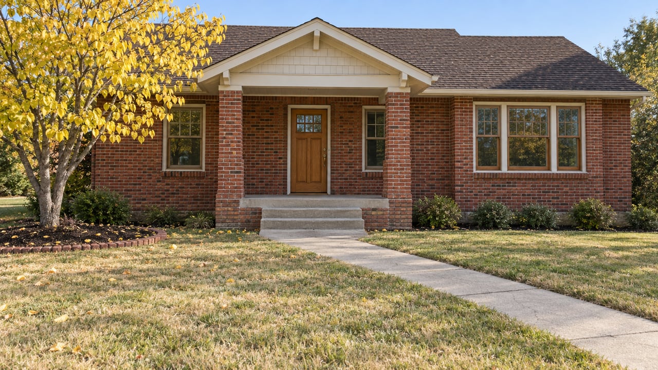 Red-brick bungalow with a sheltered front porch, a deep autumn lawn, and a yellow-leaved redbud beside the entry.