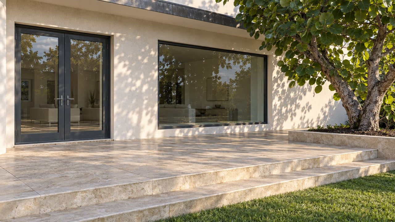 Sunlight crosses a limestone terrace beside a white stucco home with charcoal-framed glass doors and a mature sea grape tree.