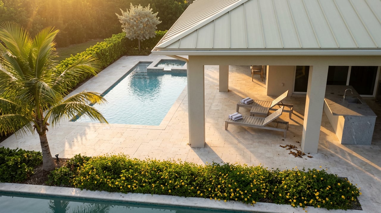 Pool terrace with raised spa, teak loungers, shaded lanai, and a coconut palm.