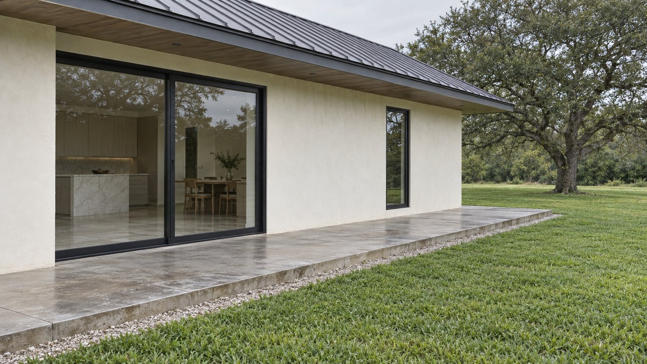 Contemporary stucco home with a covered terrace, black-framed glass doors, broad lawn, and mature oak.