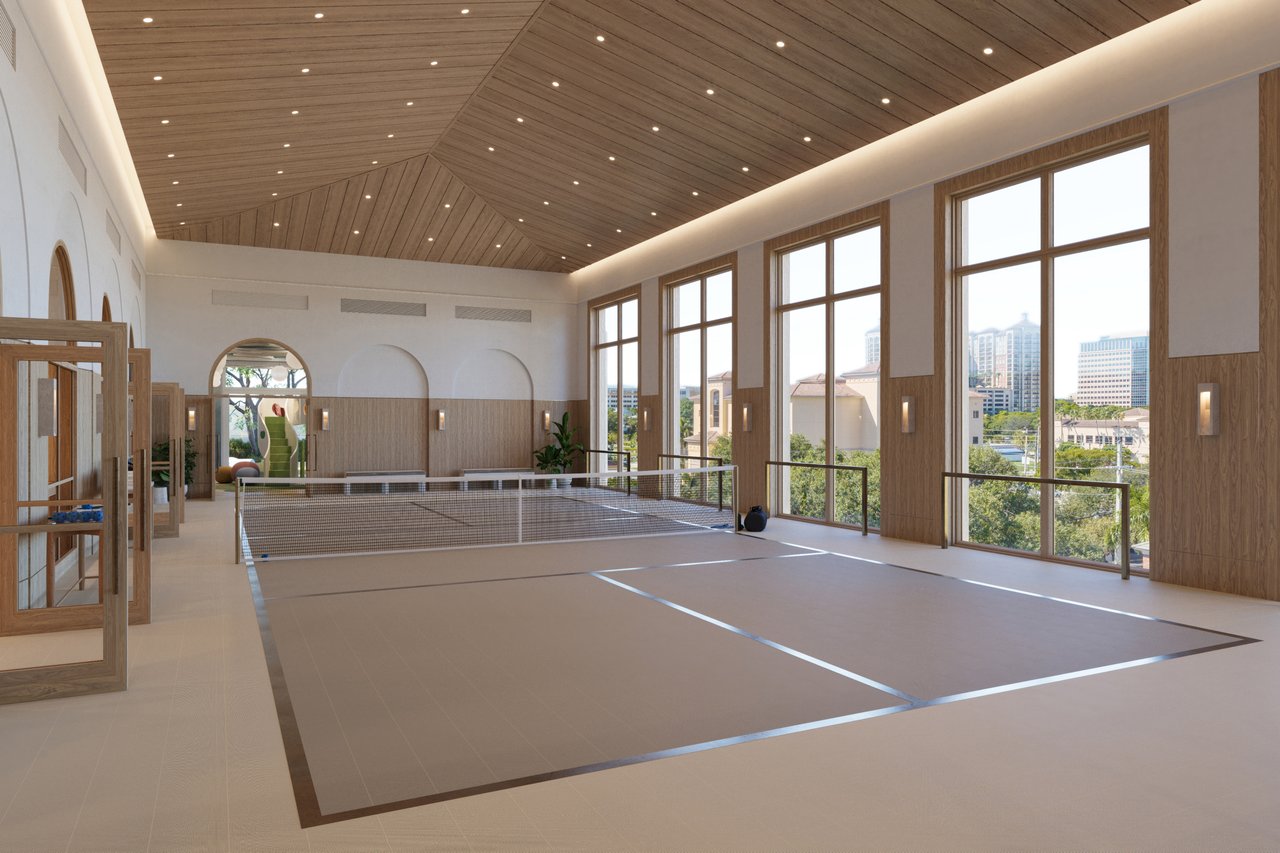 South Flagler House indoor pickleball court rendering in West Palm Beach.