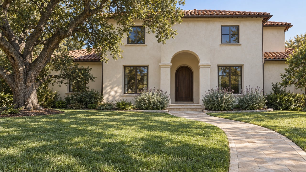 Cream stucco home with a clay tile roof, arched entry and deep front lawn beneath a mature spreading oak.
