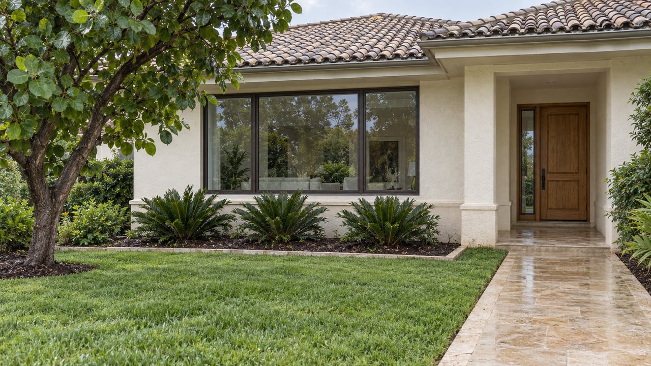 Rain-softened daylight on an ivory stucco home with a clay-tile roof, bronze-framed window, limestone entry walk and carefully spaced tropical planting.