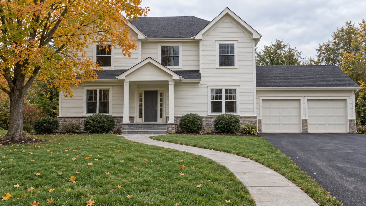 Gabled ivory clapboard home with a stone foundation, deep autumn lawn, curved front walk and orange-leaved maple.