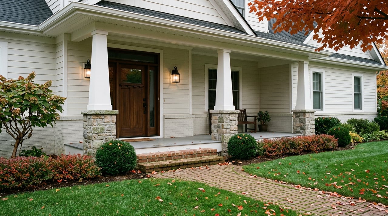 Covered porch with tapered columns, a paneled door, brick walk, reddish fall shrubs, and an orange-red maple canopy.