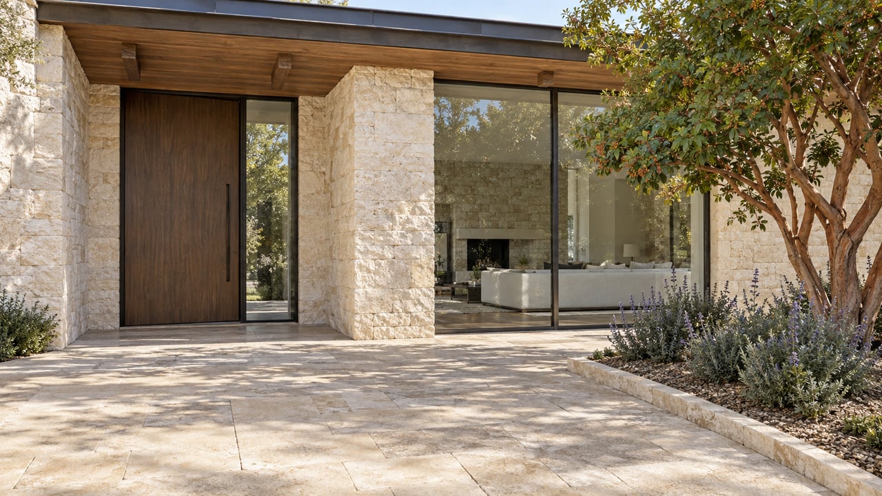 Contemporary limestone and timber home entrance beside closed bronze-framed glazing, with a sculptural strawberry tree in a curbed planting bed.