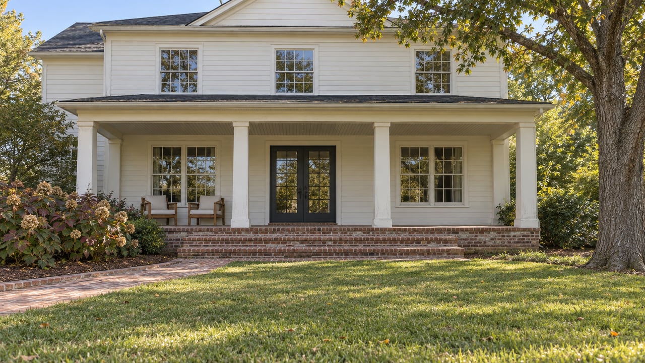 Ivory clapboard home with a brick rear porch, broad lawn, mature white oak and oakleaf hydrangeas in autumn light.