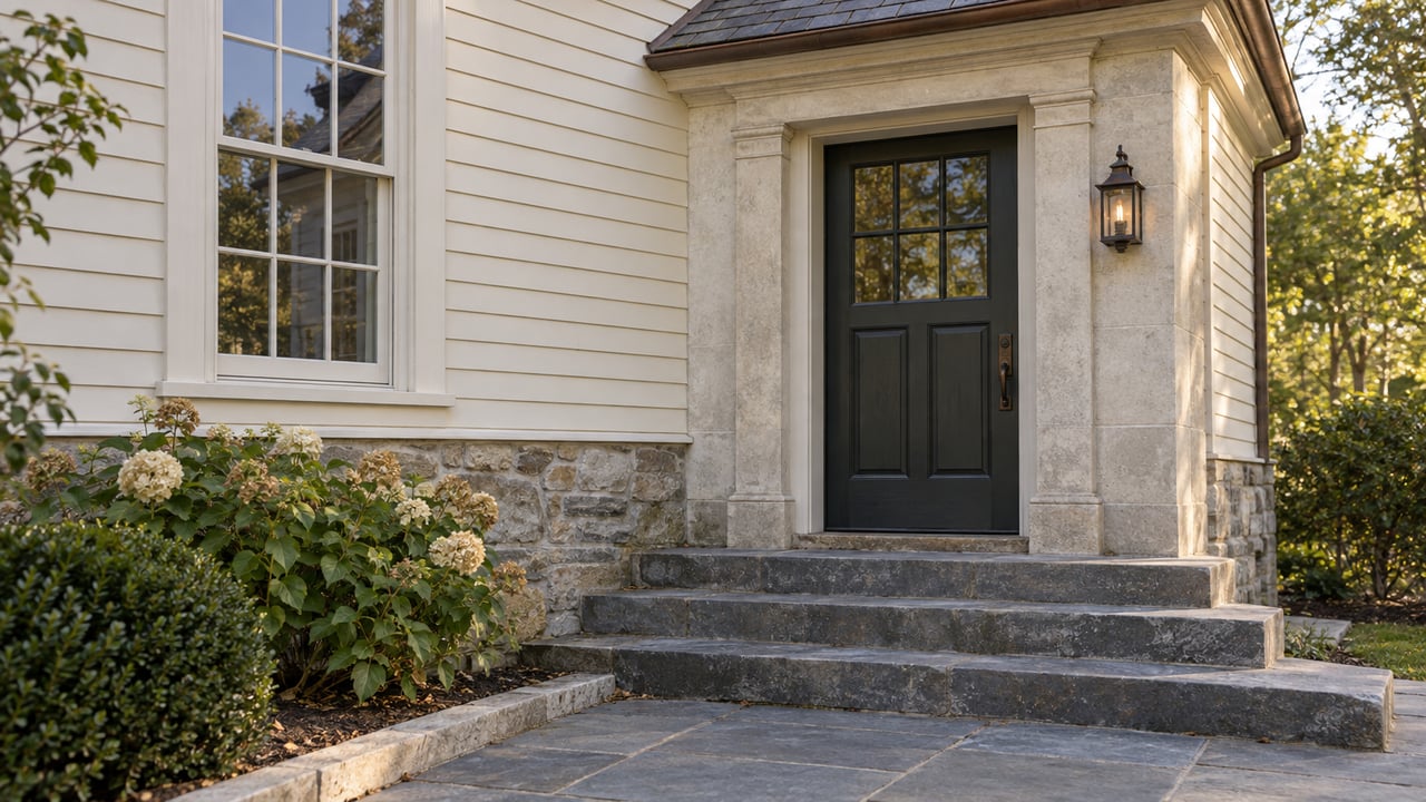 Cream clapboard house entry with a paneled door, limestone surround, bluestone steps, and sparse shrubs.