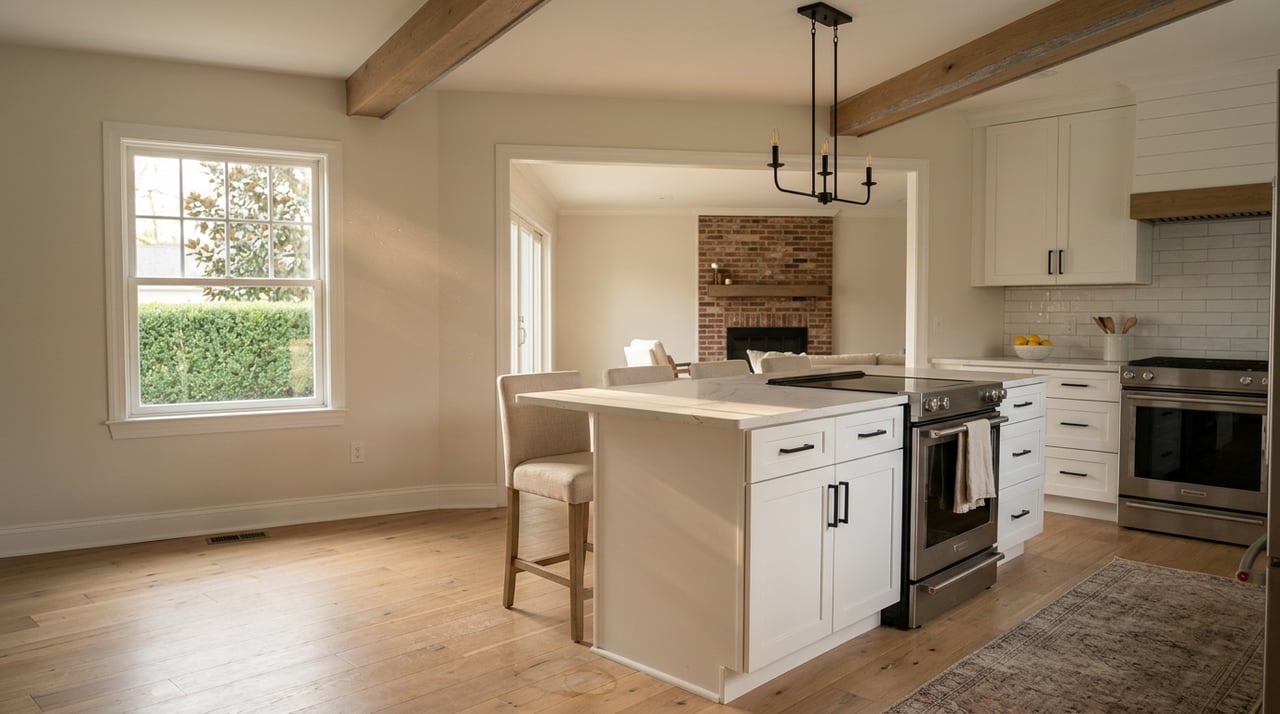 Farmhouse kitchen with a white island, wood ceiling beams, black chandelier, and a sunlit window overlooking greenery.