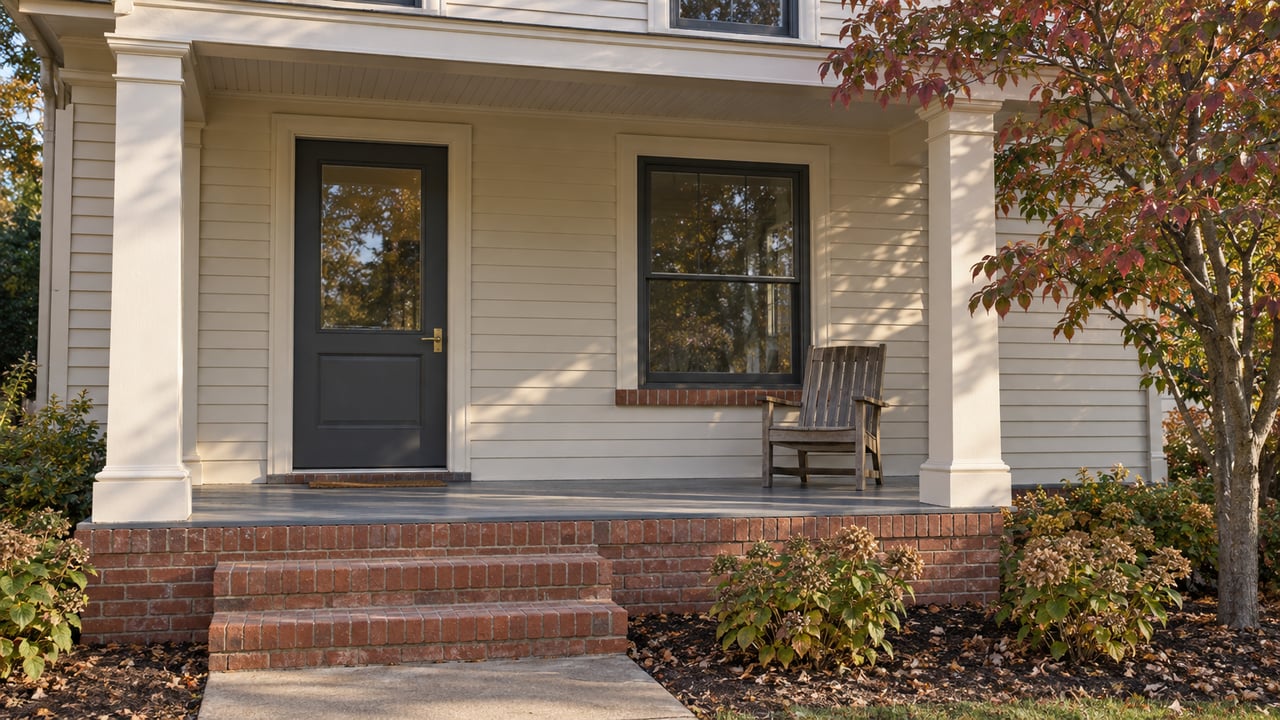 Home’s front porch with white columns, brick steps, a dark door, and autumn foliage.