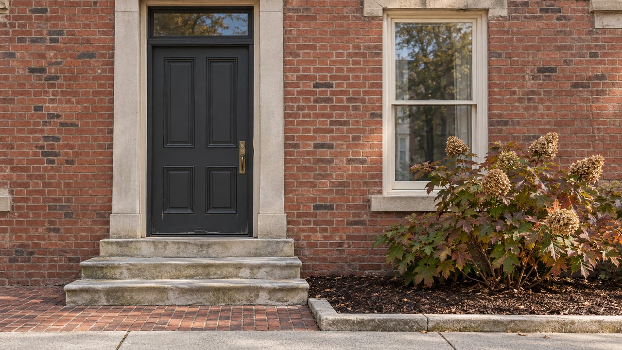 Historic red-brick home entry with a charcoal door, tall sash window, worn limestone steps, and an oakleaf hydrangea in autumn foliage.