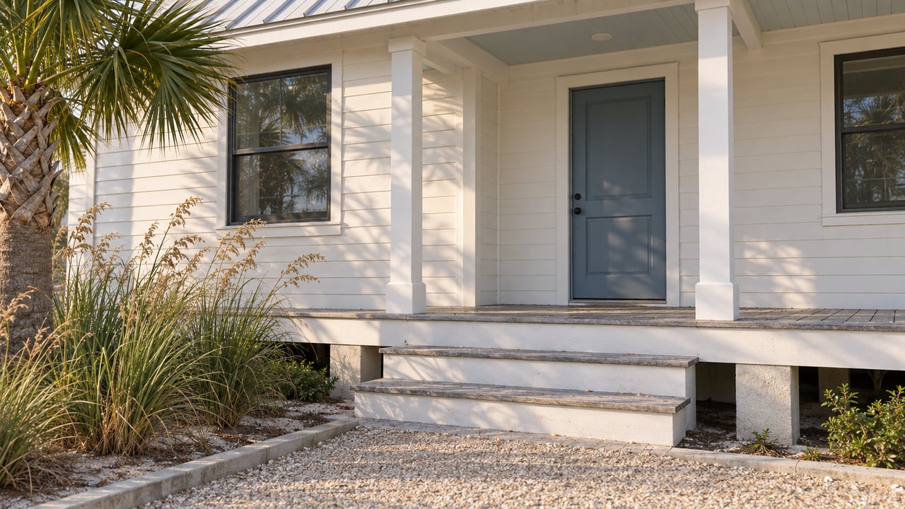 Raised coastal cottage with blue-gray door, broad porch steps, palmetto, and sea oats.
