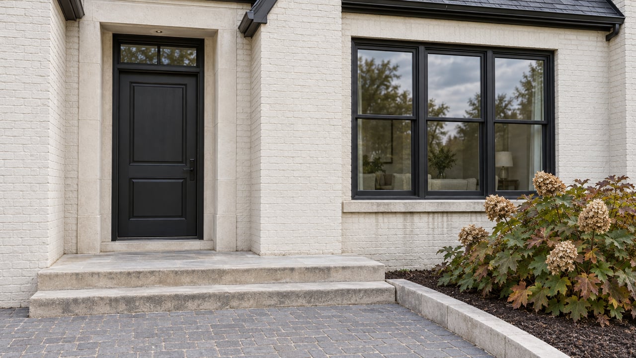 Pale masonry entry with a black door, grouped windows, worn limestone steps, and an oakleaf hydrangea beside the brick approach.