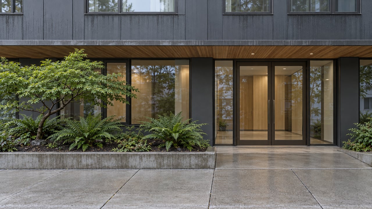Dark-clad residential facade with a glazed lobby, cedar canopy, and ferns beneath a small bent-trunk maple.