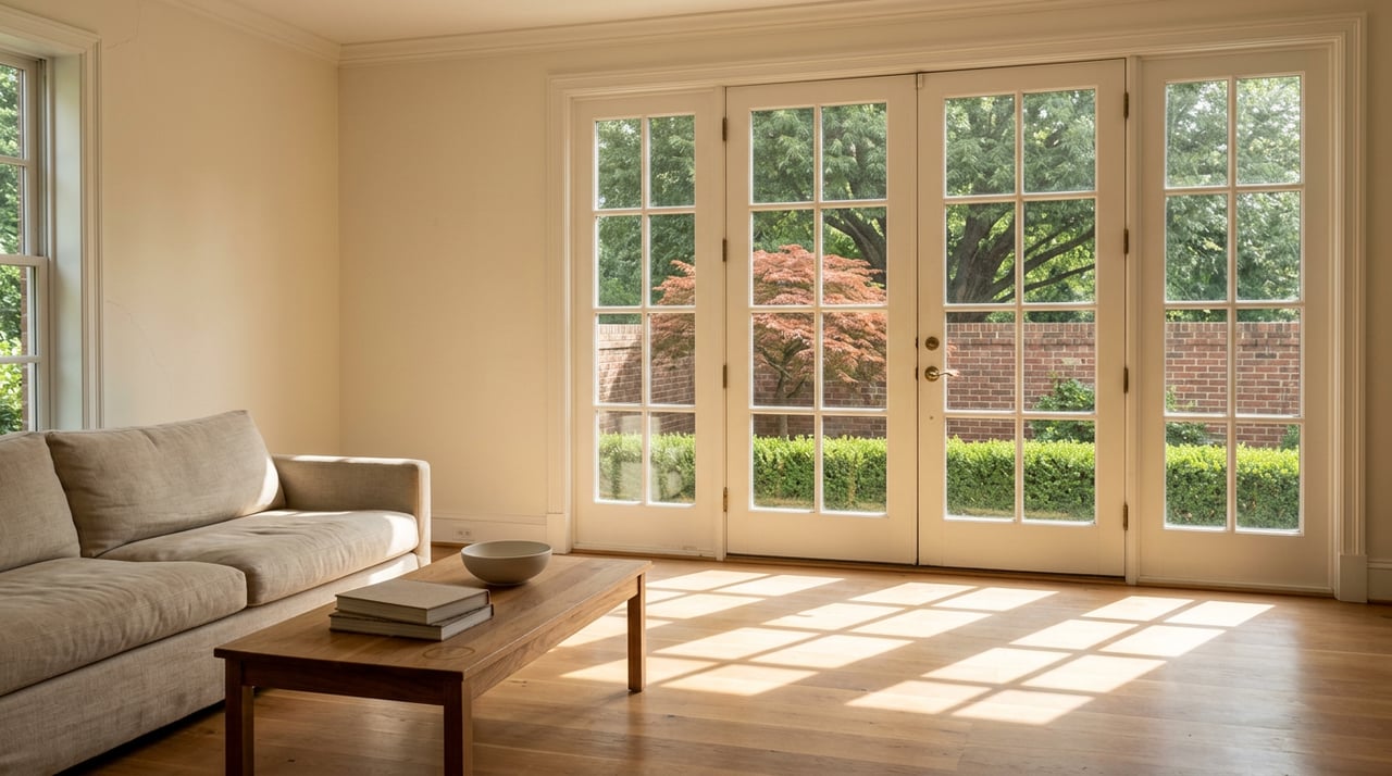 Oatmeal sofa and wood coffee table beside French doors overlooking boxwood, a red-orange Japanese maple, and a brick garden wall.
