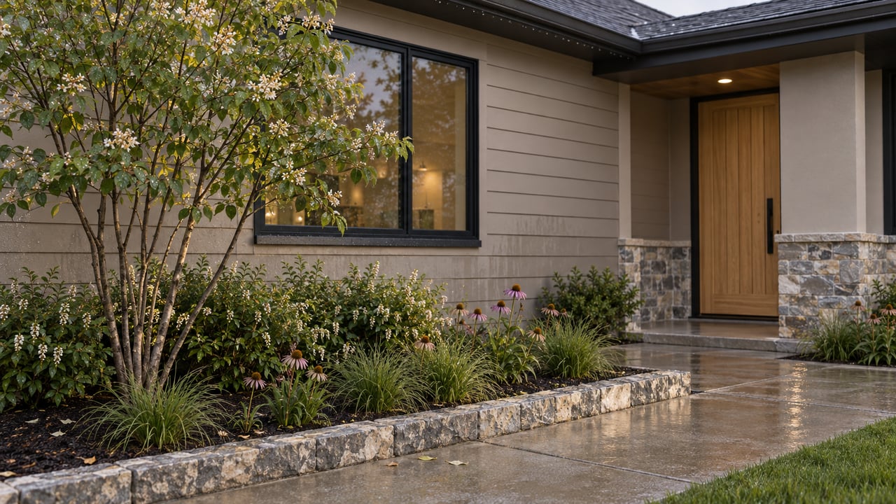 Taupe-sided home entry with an oak door, limestone base, and rain-wet walk bordered by native plants.